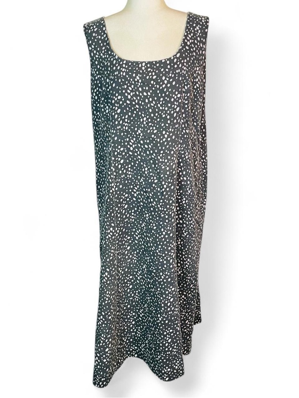 Vintage 60s 70s Handmade Shift Dress Black White Polka Dot Print Sleeveless XL